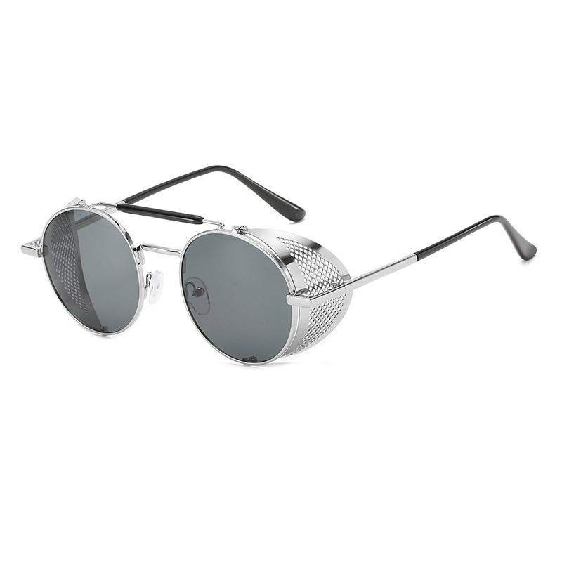 

Солнцезащитные очки в стиле стимпанк с боковой защитой от ветра, сетчатые, круглые, металлические серебряный серый