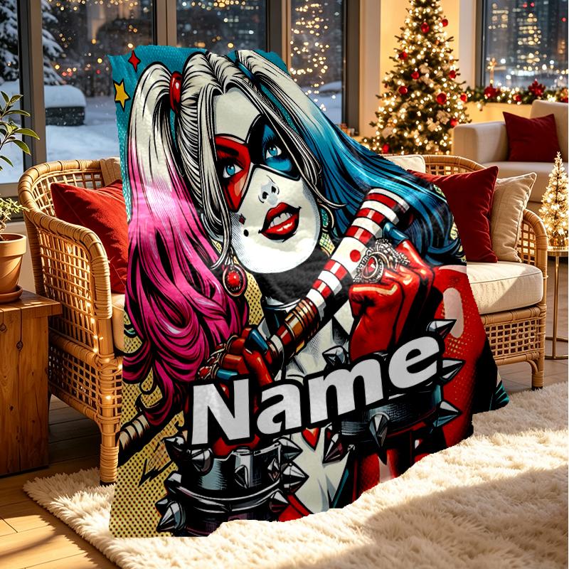 Custom Name Personalized Harley Quinn Joker Print Blanket, Home Decor, Bedroom, Sofa, Camping, Couch, Gifts for Birthday Christmas