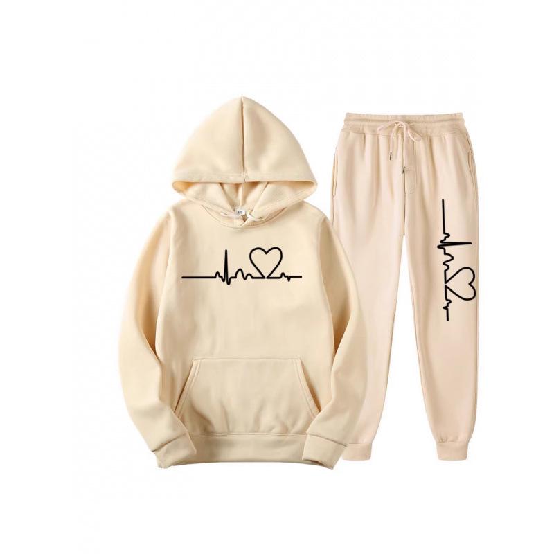 Unisex Heart Pattern Velvet Hoodie Set for Autumn/Winter