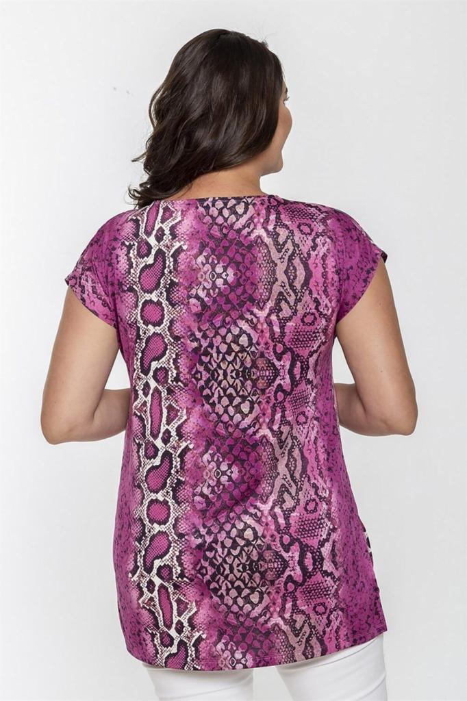 Women's Big Size Blouse Round Neck Snake Pattern Slit Blouse-Pink