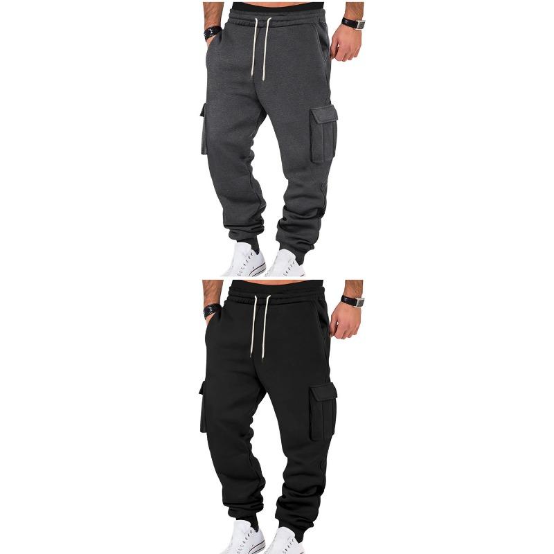 Men Fleece Casual Cargo Pants Loose Multi Pocket Drawstring Long Trousers