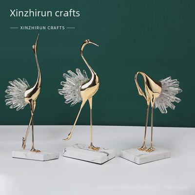 Luxury Transparent Crystal Crane Metal Crafts Set - Chinese Style Soft Furnishings for Living Room TV Cabinet & Porch