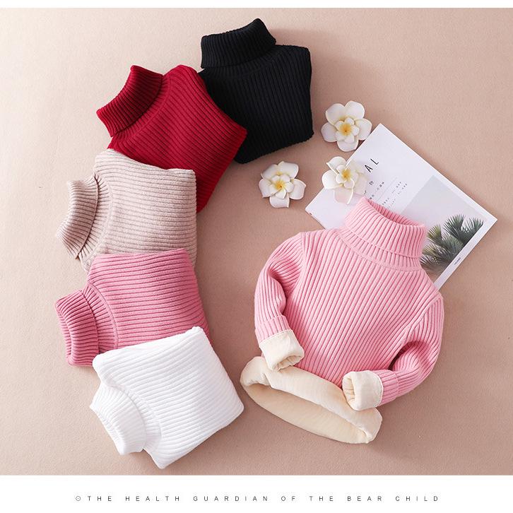 Children's Slim Fit Knit Sweater with High Neck and Velvet Lining for Autumn and Winter.
