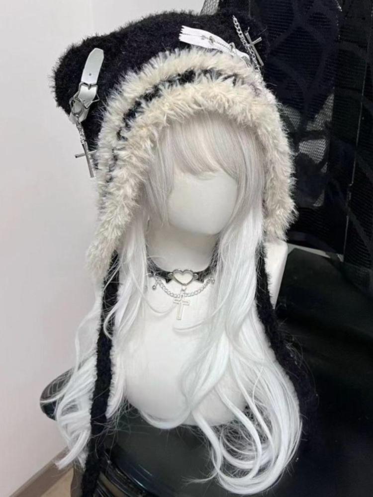 Harajuku Gothic Lolita Knitted Cat Ear Hat Women Punk Designer Cross Bat Winter Black Beanie Cute Hat Female Accessories Cap