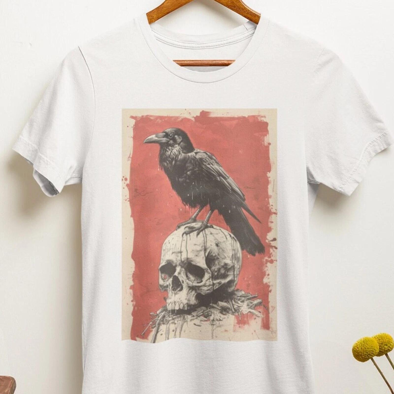 Men s and Women s T-shirts Crow and Skull T-Shirt / Gothic T-Shirt / Macabre / Skeleton / white L