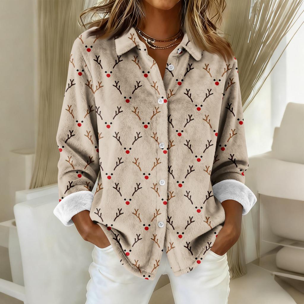 Damen-Hemdbluse, bedruckt, Knopfleiste, langärmelig, lässig, Basic, Hemdkragen, normales Oberteil