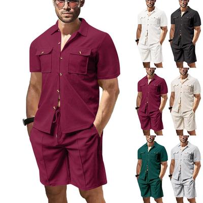 Conjunto de Duas Peças Masculino Verão Casual Sólido Bolso Camisa Manga Curta Shorts