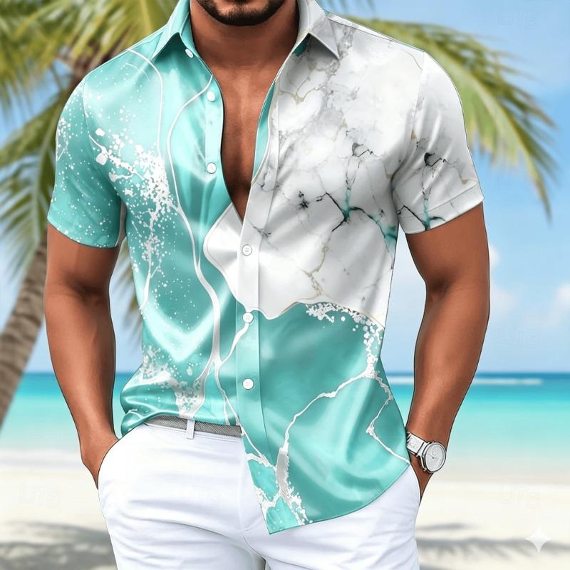 Men's Split Marble Print Short Sleeve Shirt, Casual Button Down with Abstract Fluid Pattern for Spring & Summer