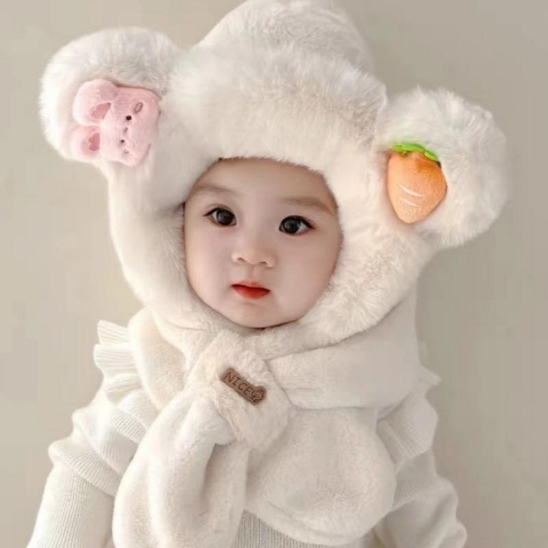 Winter children's hats, scarves, integrated hats, velvet and thickened cartoon two-piece sets, cute and cute boys and girls ear hats.