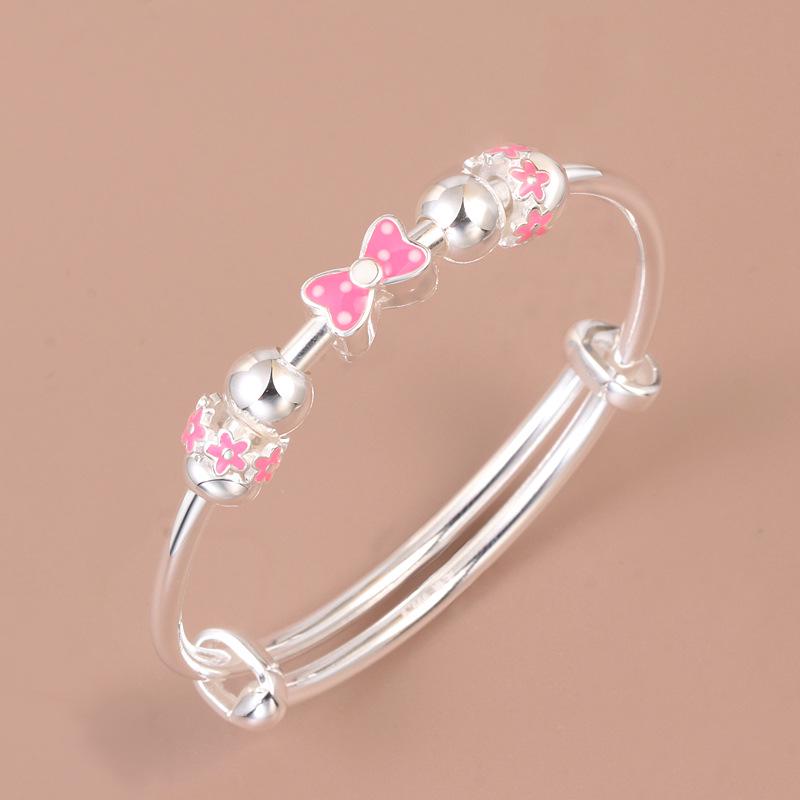 Girls  999 Sterling Silver Epoxy Bow Knot Beaded Flower Bracelet - Medium  Large Pure 999 silver