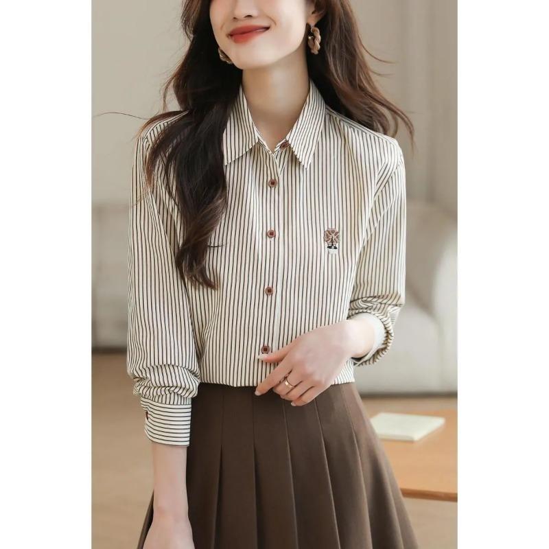 

Women s Striped Lapel Shirt Long Sleeve Button Front With Embroidery Detail Casual Office Blouse S абрикосовий
