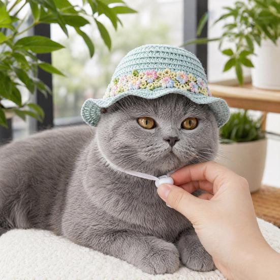 Yousheng Pet Straw Hat, Embroidered Floral Summer Cat Hat, Woven Scalloped Edge Pet Sun Hat with Adjustable Strap for Cats And Small Dogs