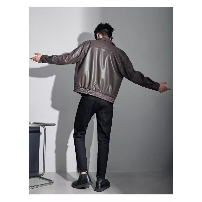 Men S Casual Loose Pu Leather Jacket Turn Down Collar