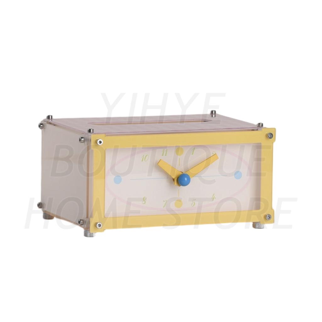 INS Style Dopamine Color Tissue Box with Clock, Creative High-Value Desktop Ornament, Decorative Table Clock for Bedroom Bedside