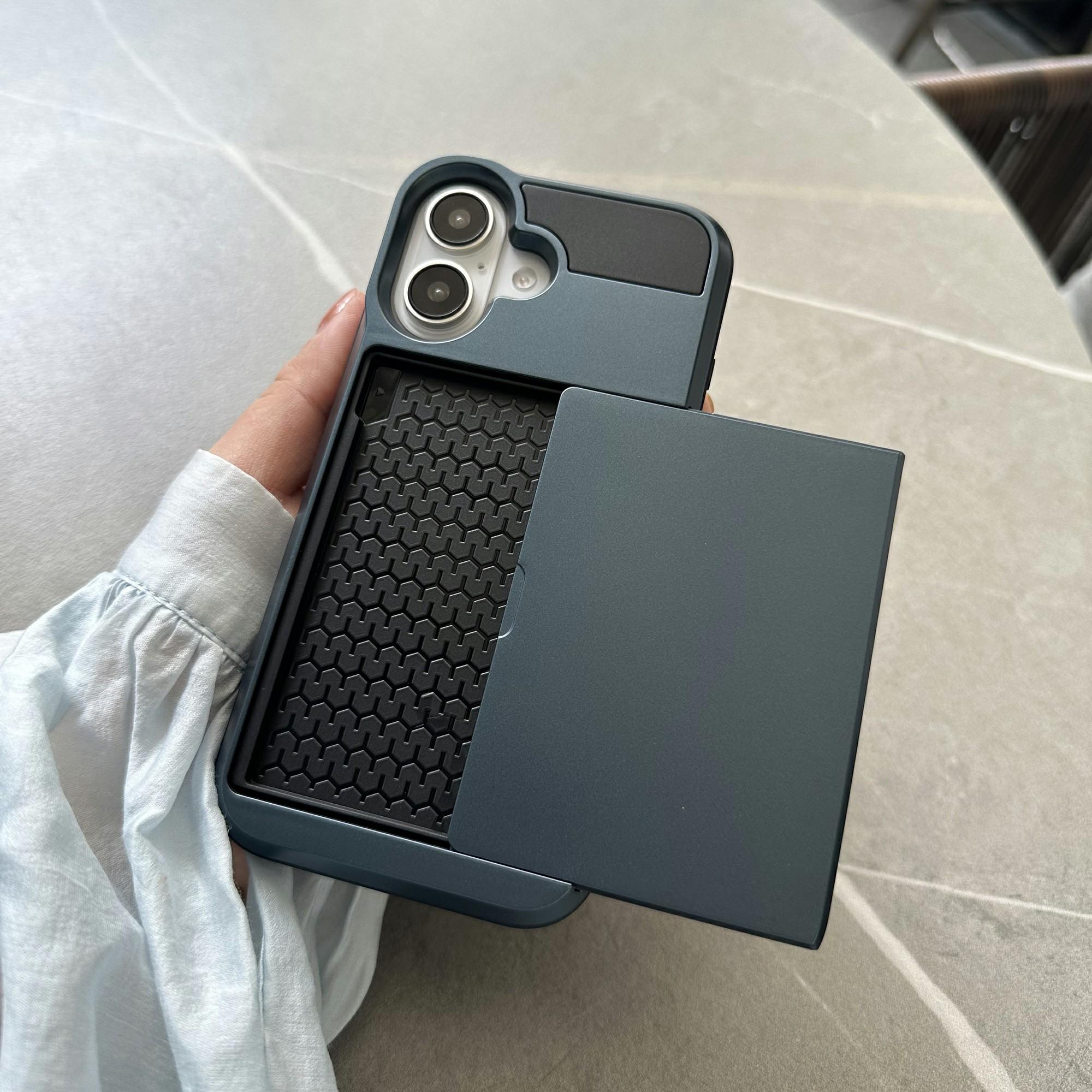 

For iPhone 16 Case with Sliding Card Holder PC+TPU Phone Back Cover Blue