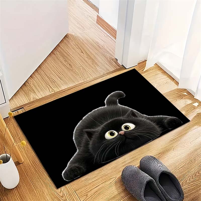 Glowing Eyes Black Cat Non-Slip Doormat, Dark Kawaii Pet Print Floor Mat