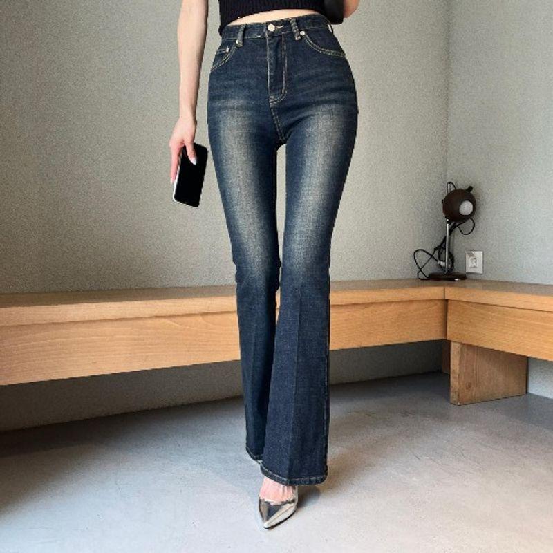 

K-style Fashion High Waist Dark Blue Vintage Washed Silm Slimming Hip Raise Slightly Flared Denim Pants Four Seasons Women Retro dark blue L
