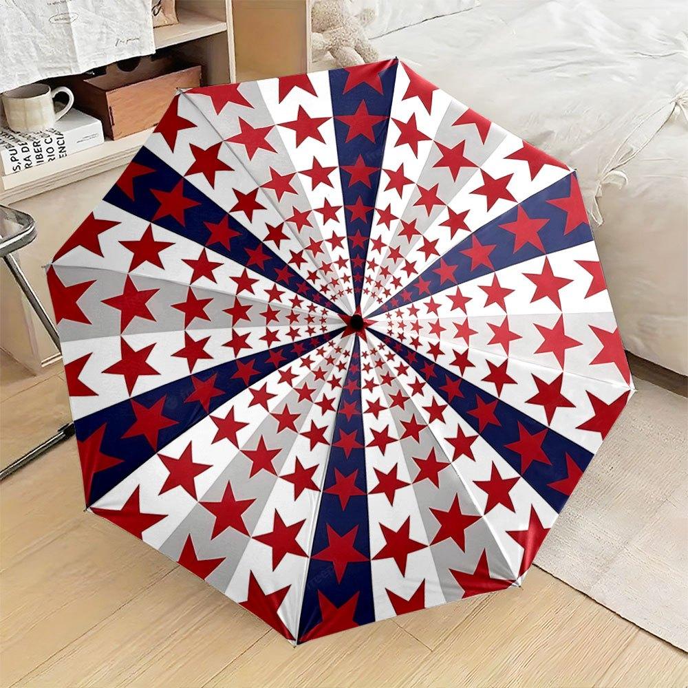 

Automatic Folding Umbrella Red stars with a radiating blue and white striped pattern. Portable collapsible design, casual outd Iron&8K