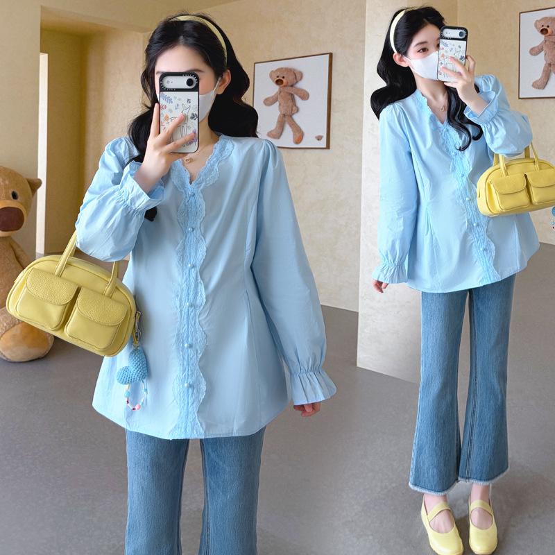 2026 Lace Trim Spring Maternity Shirt - Waist-Cinching, Loose Fit, Plus Size, Korean Style L