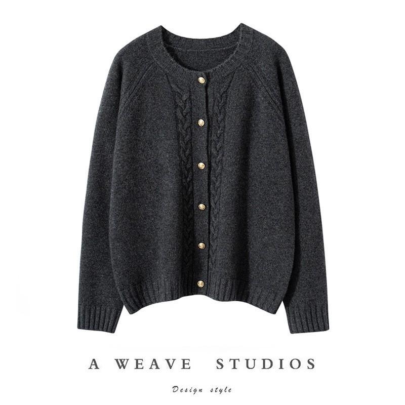 Womens 100% Cashmere Knit Cardigan Sweater Thick Round Neck Long Sleeve Winter Casual Office Wear