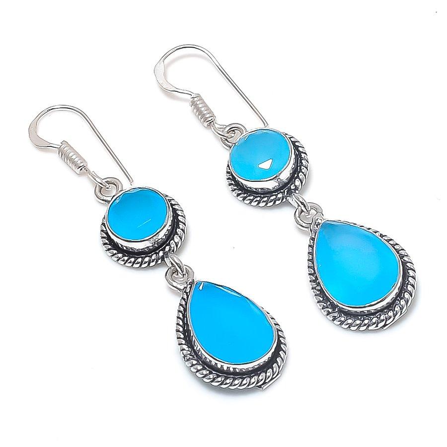 

Натуральный голубой халцедон драгоценный камень ручной работы 925 стерлинговое серебро серьга 2,17 l7f43