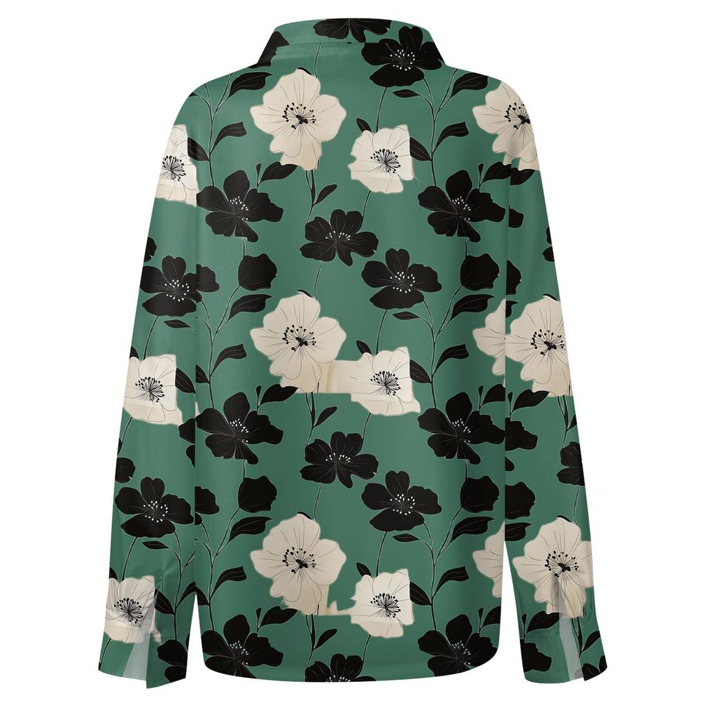 Women's Shirt With Floral Print Buttons, Long Sleeved Casual Regular Shirt Collar Top