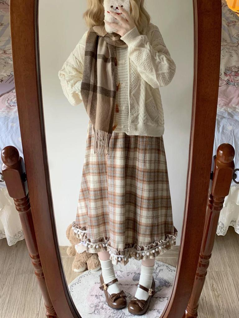 French Retro Plaid Tassel A-Line Mid-Length Skirt - High Waist, Slimming, Versatile Autumn/Winter Style