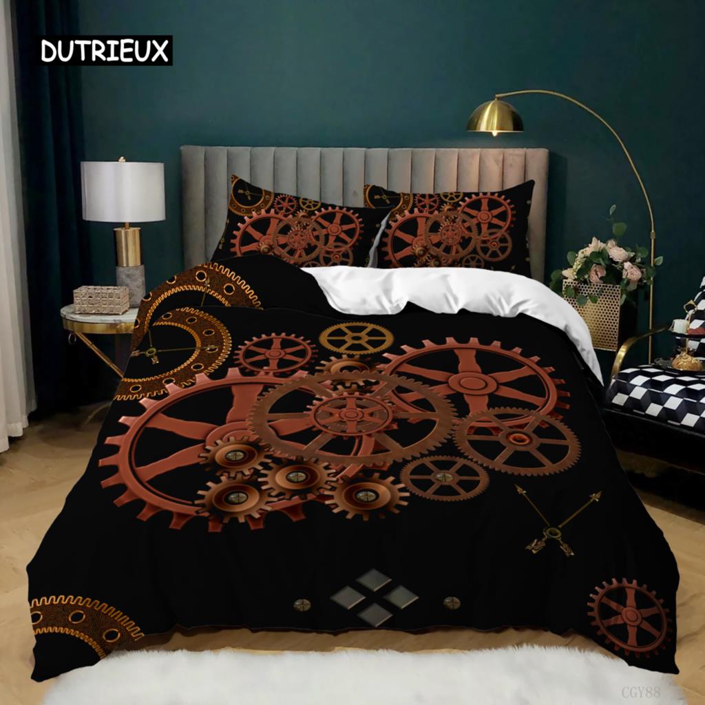 Gear Duvet Cover Set Colorful Gear Mechanical Device Bedding Set for Kids Boys Men Queen King Size Chic Microfiber Quilt Cover