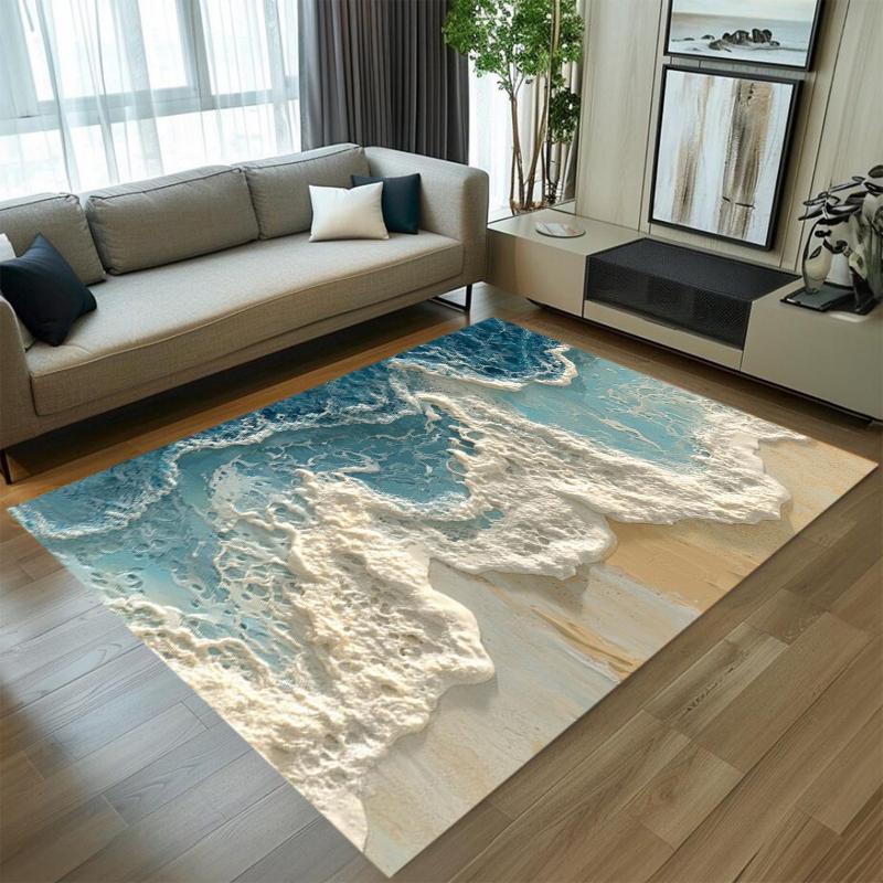 Teppichboden Teppichmatte rutschfest waschbar mit lebensechtem Meereswellen-Druck für Küsten-Strand-Hausdekoration in Blau Weiß