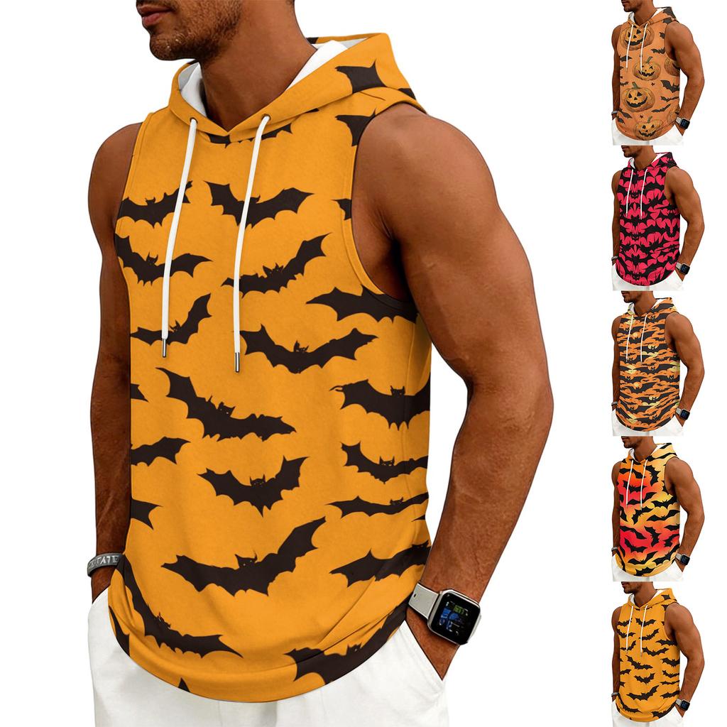 Men's Halloween Costume Hooded Vest, Sleeveless Drawstring Print Pullover for Party and Daily Wear