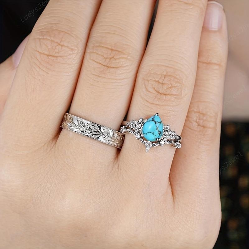 New European and American Engagement Ring for Men and Women, Couple Ring, Creative Alloy Inlaid Turquoise Ring