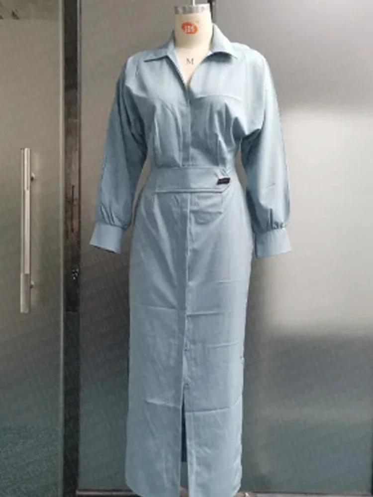 Elegantní modré šaty Midi 2023 Jaro Léto Dlouhý rukáv Jednořadé Dámské šaty Dojíždění Ležérní Dámský župan