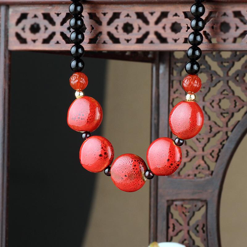 GEMCHIC Women's Ethnic Style Red Ceramic Bead Necklace Short Choker Statement Jewelry