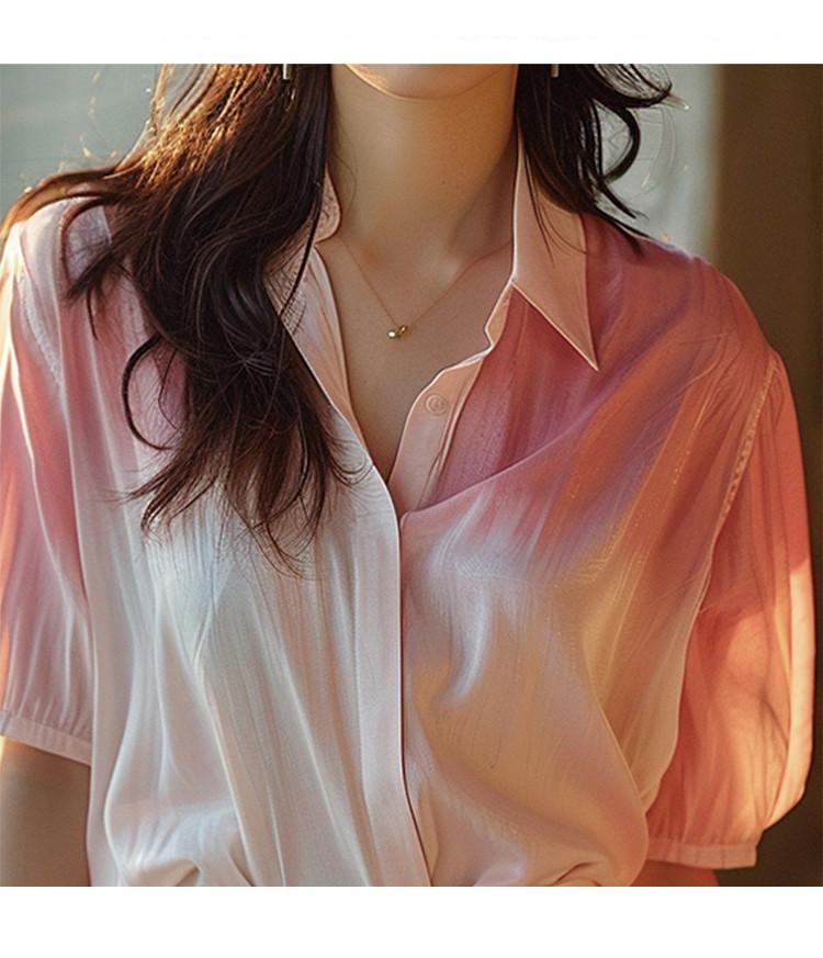 2025 New Unique and Beautiful Design Sense Summer Pink and White Gradually Changing Color Shirt for Women's Niche Age Reducing Top