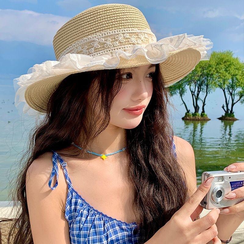 New straw hat women's summer foreign style lace bow sunscreen sun hat outdoor beach hat sunshade straw hat