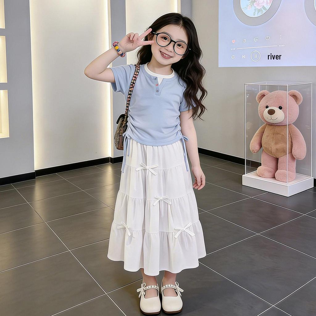 Zweiteiliges Sommerset für Mädchen: Kurzarm-Patchwork-Top & Rock Mode-Outfit