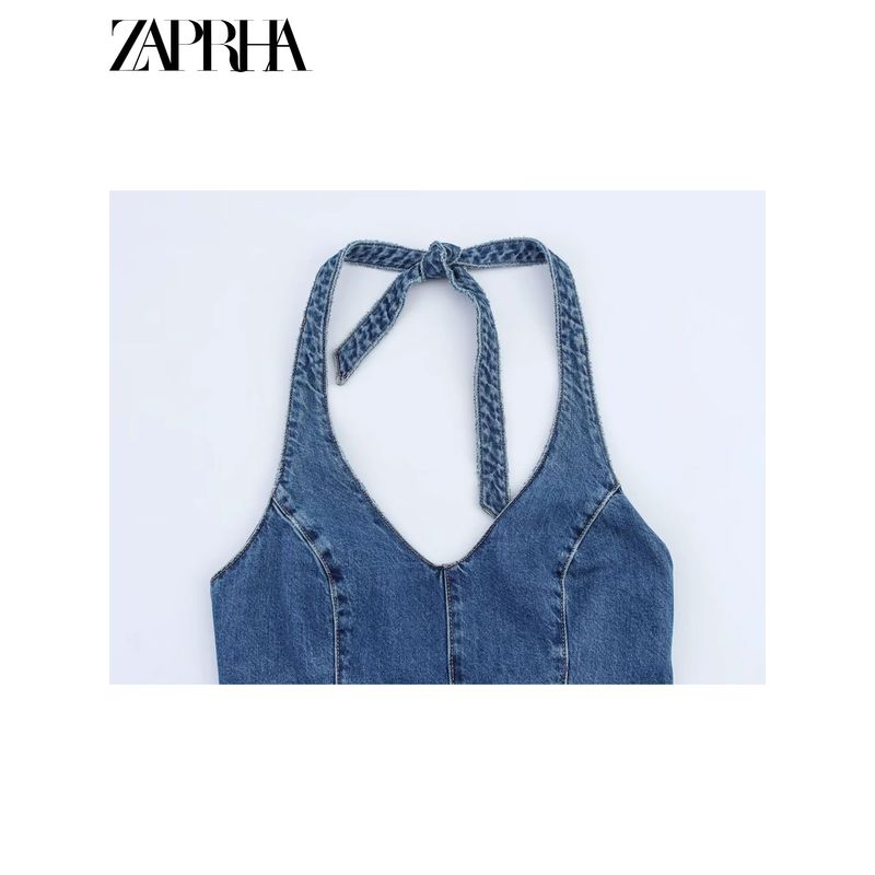 Zaprha 2025 New Neck Collar Backless Denim Jumpsuit Women Small Wide Leg Shorts 4365084