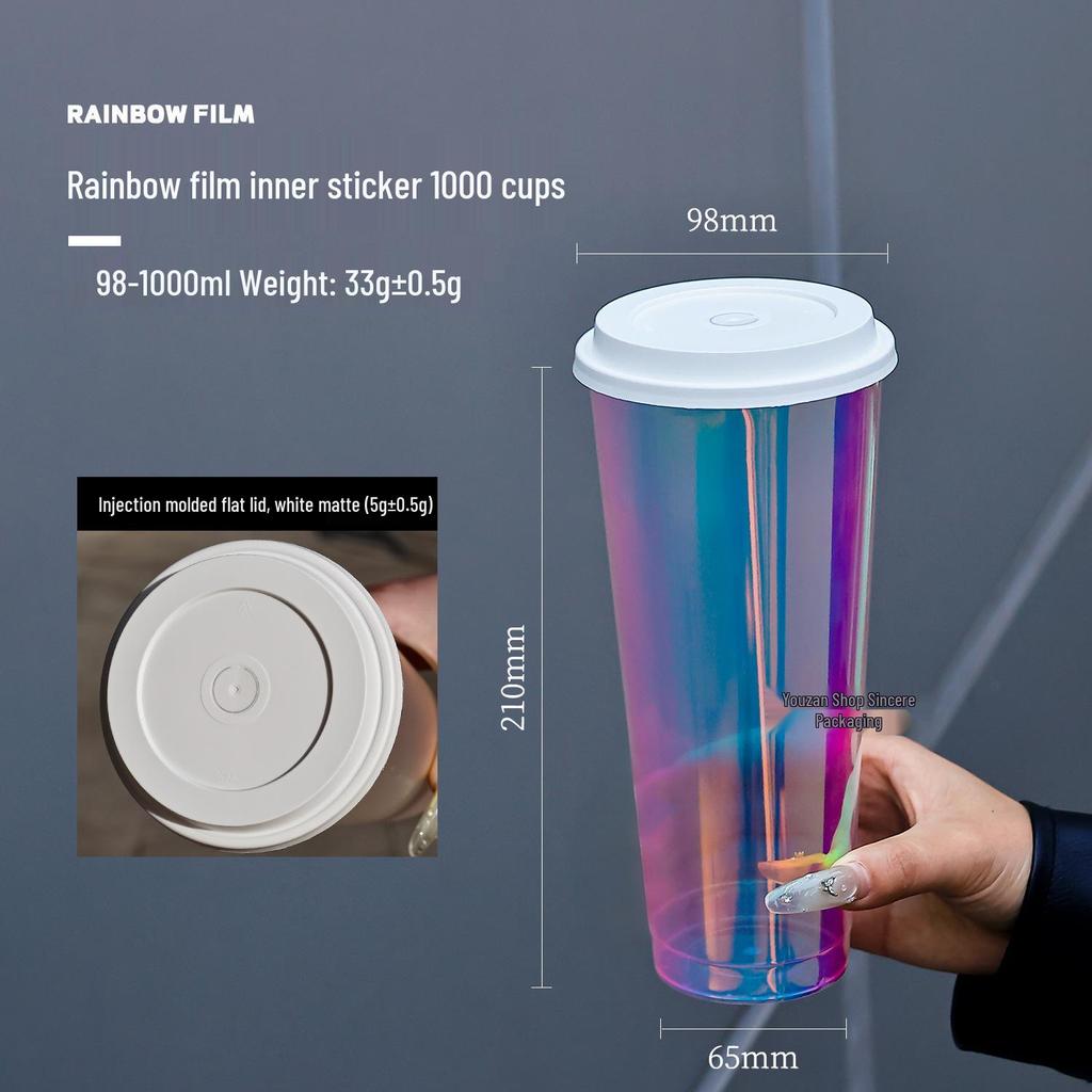 1L Disposable Rainbow Milk Tea Cup with Lid, 98mm Caliber, Colorful Laser Film Inner