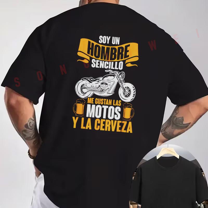 Spanish Motorcycle & Beer Slogan T-Shirt back Print Men's Short sleeve O-neck Casual Tops Tee