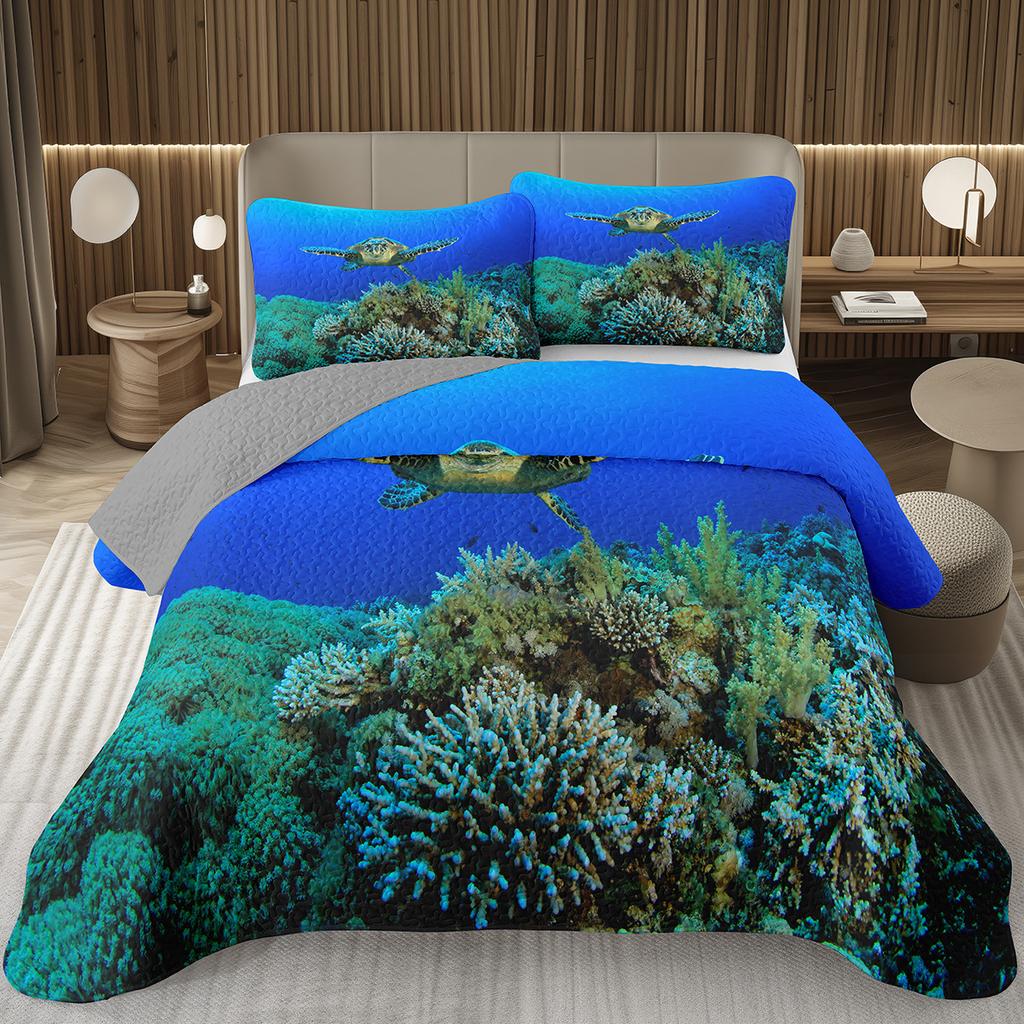Sea Turtle Bedspread Queen Twin Underwater World Ocean Animal Coverlet Reptile Tortoise Print Quilted Bedding Set for Kids Adult