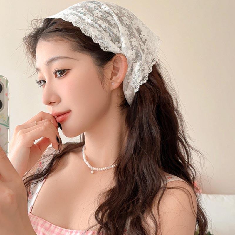 Summer Lace Headscarf Women Flower Embroidered Triangle Scarf Hair Band Sweet White Turban Headband Headwarp Hair Accessories
