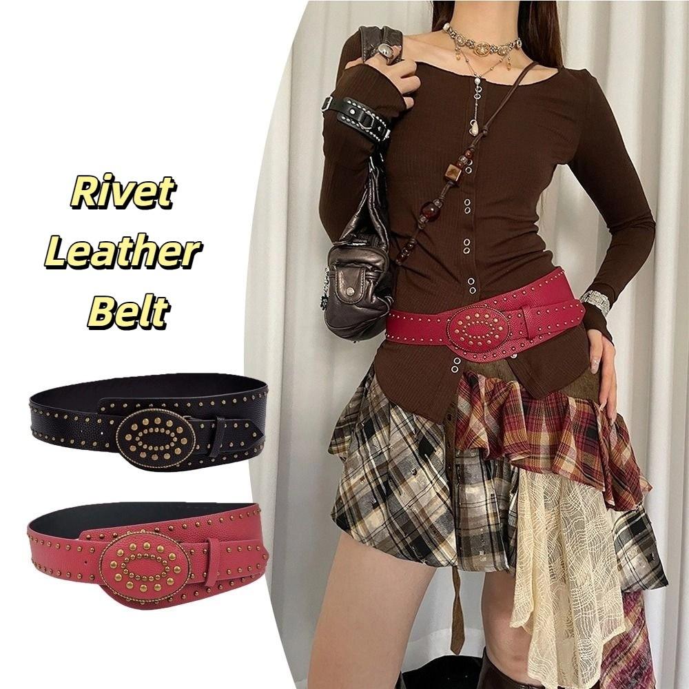 Y2k Women's Waist Belt Gothic Dress Jeans Belt Fashionable Rivet Leather Belt  Streetwear