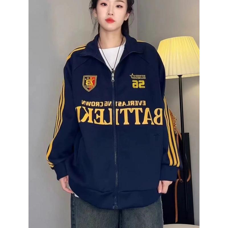 American Retro Three-stripe Lettered Velvet Thickened Jacket for Women