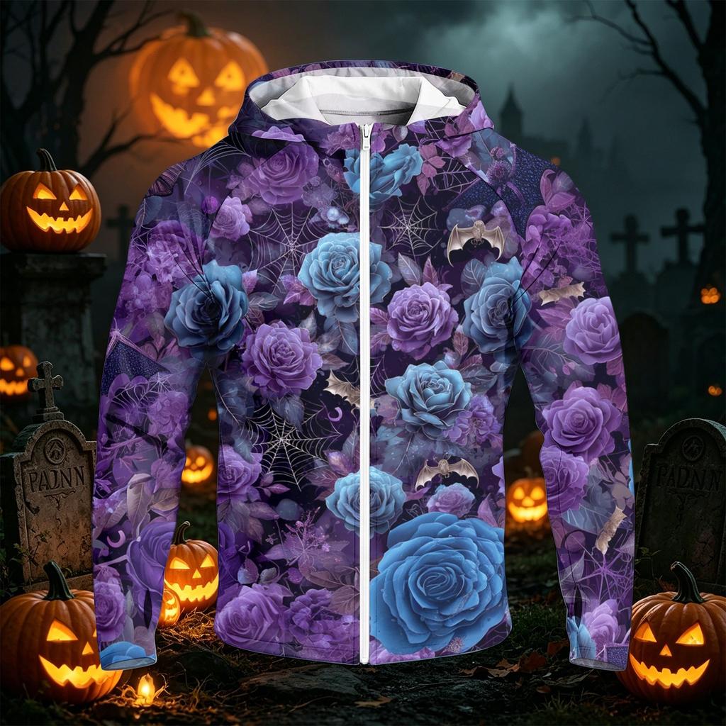 Men's Casual Raglan Sleeve Hooded Long Sleeve Sun Protection Jacket with Halloween Print Full Zip Front Lightweight