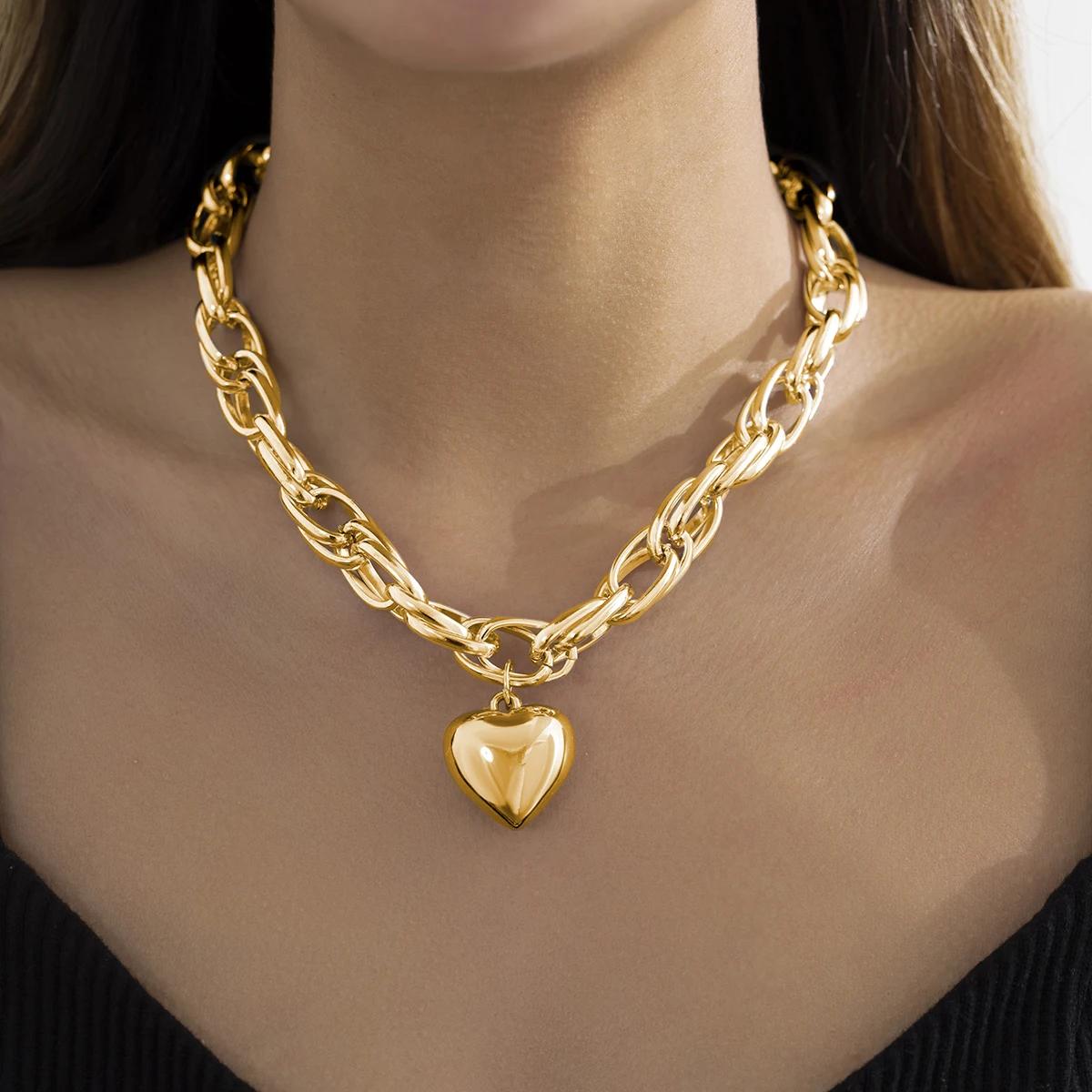 

Punk Heart Pendant Necklace Women Statement Chunky Chain Jewelry Steampunk Accessories золотий