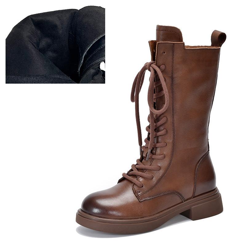 

Johnature Сапоги до середины икры из натуральной кожи, Сапоги из плюшевого хлопка, Сапоги в британском стиле на шнуровке, Женские сапоги 40 коричневый