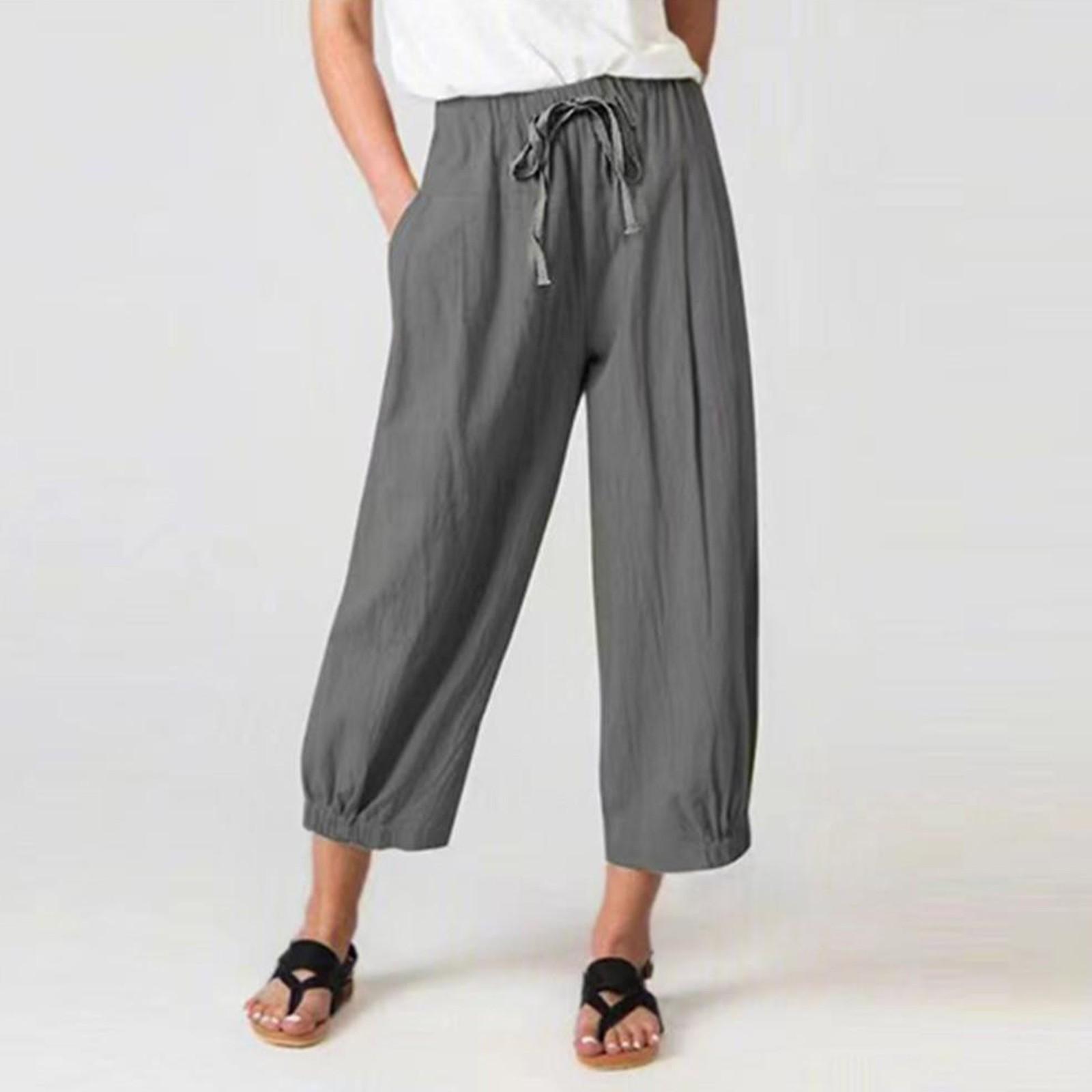 

Женские повседневные и модные укороченные брюки из хлопка и льна на шнурке с карманами и широкие брюки L