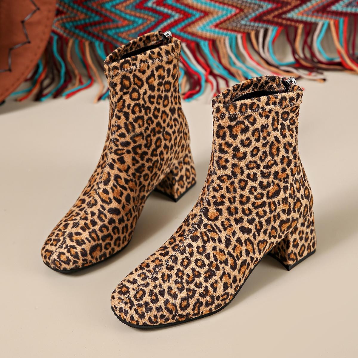 

fashion Leopard High Heels Women Ankle Boots Fashion Square Toe Suede Shoes Woman Winter 2025 Trend Chunky Shoes Party Pumps Botas Mujer 36 леопардовый