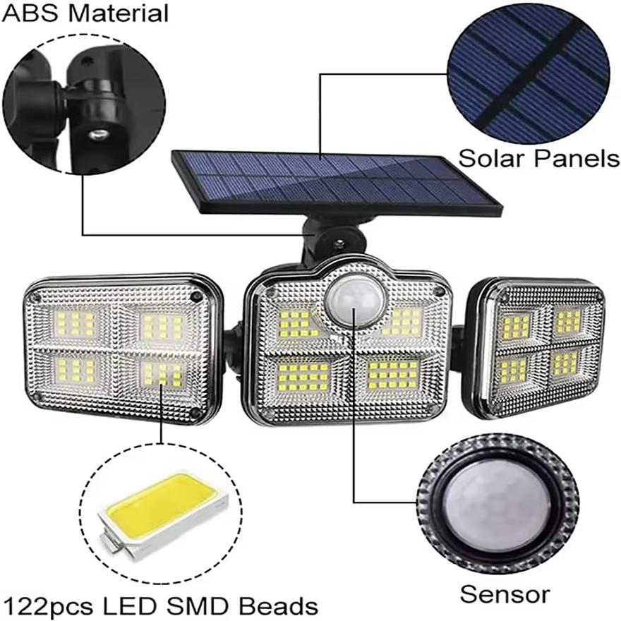 1 PACK Outdoor Motion Sensor Lamp, 4-Head Solar Power Light, 122 LED Solar Light, Flood Lights ,3000 Lumens,270° Lighting Range