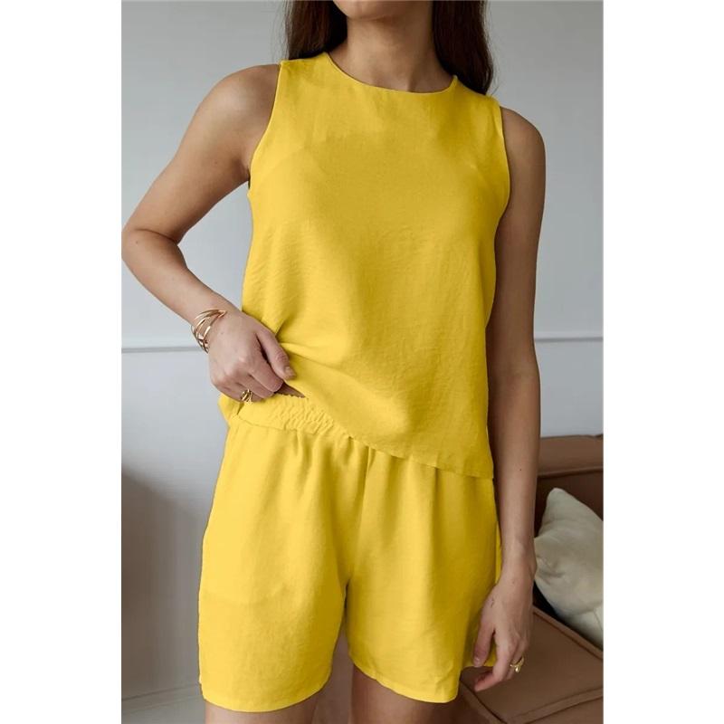 Tenue d'été 2 pièces pour femme : Top court uni sans manches à col rond et Short à taille élastique - Costume décontracté en lin XXL jaune